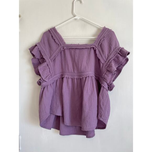 Andthewhy purple gauzy short sleeve ruffled top babydoll solid square neck Small - Picture 2 of 8